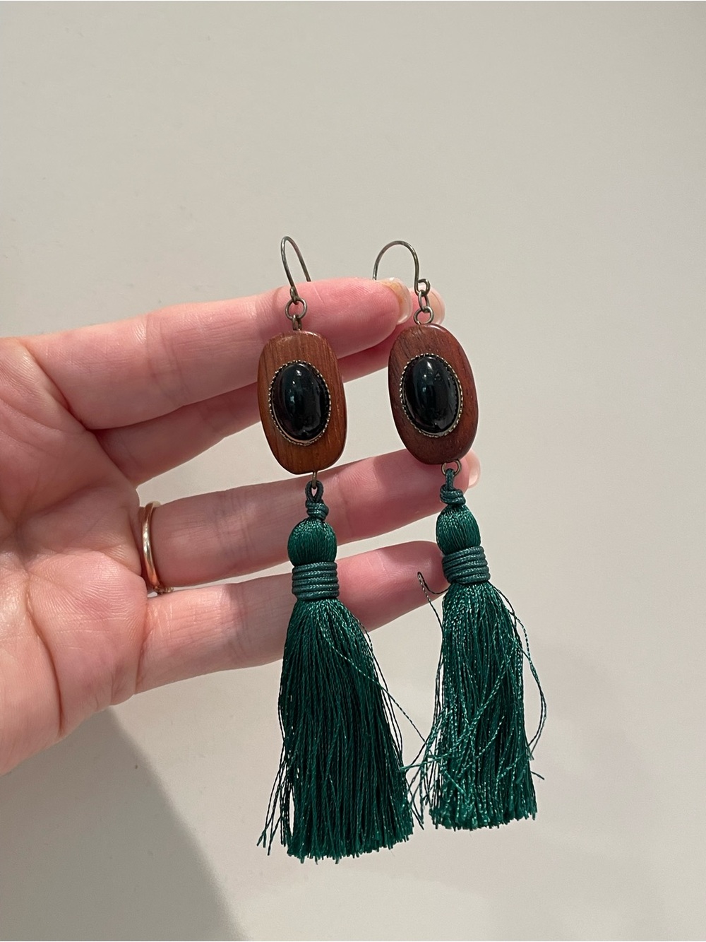 Green Tassel Wood Drop Earrings